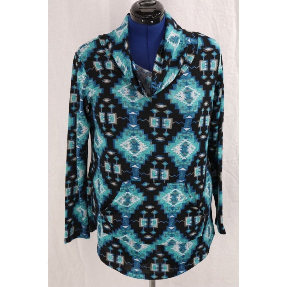 VTG Just Be 1X Cowl Neck Indian Tribal Graphic Pullover Kangaroo Pocket